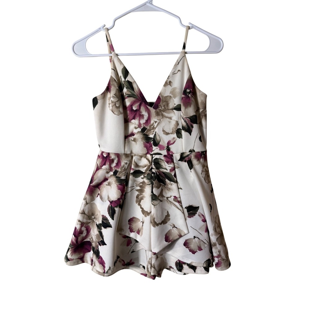 Privy Womens Floral V-Neck Skort Romper White‎ Plum Purple Sleeveless Size M